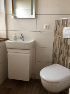 uma casa de banho com um WC, um lavatório e um espelho. em Haus am Meer 9082 - Fehmarn em Fehmarn