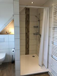 a bathroom with a shower with a toilet and a sink at Haus am Meer 9082 - Fehmarn in Fehmarn