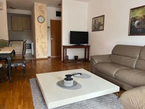 un soggiorno con divano e tavolino da caffè di THE FIVE-Voždovac Apartment a Dušanovac (historical)
