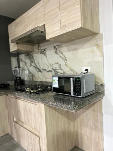 a microwave sitting on a counter in a kitchen at Suit Terranova in Cuenca