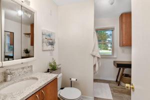 a bathroom with a sink and a toilet and a mirror at HOT TUB - Grand Haven/Spring Lake Waterfront Home in Spring Lake
