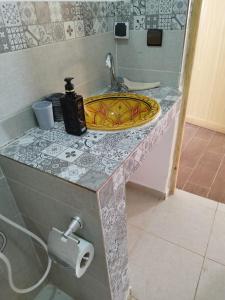 a bathroom counter with a sink and a soap dispenser at Dar Mouja, eco-friendly home in Imsouane