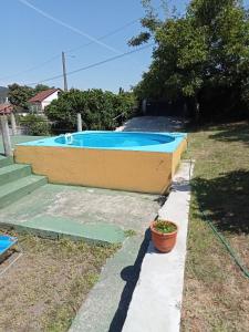 een zwembad in een tuin met een plant in een pot bij Casa da Fariñeira in Redondela