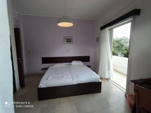 ein Schlafzimmer mit einem Bett und einem großen Fenster in der Unterkunft Dimitropoulos Apartments in Eleonas