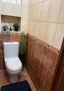 a bathroom with a toilet and some plants at luksio 14 in Kėdainiai