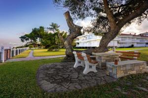 two chairs and a bench under a tree at Ethereal Beach House in Hanioti
