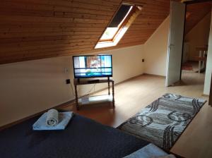 a large living room with a television and a bed at Magdaléna Vendégház in Bük