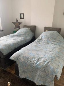 two beds sitting next to each other in a bedroom at Les chineurs du 81 in Liège