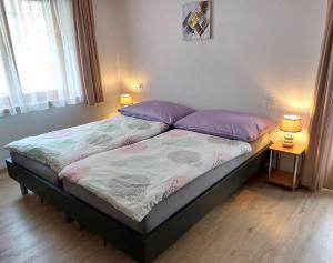 a bedroom with a bed with purple pillows and two lamps at Appartement Arve in Saas-Almagell