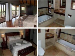 three pictures of a bedroom with a bed and a bathtub at Sondela Nature Reserve & Spa Makhato Lodges in Bela-Bela