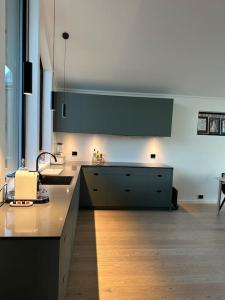 uma cozinha com armários verdes e piso em madeira em Villa Nordheim em Tromsø