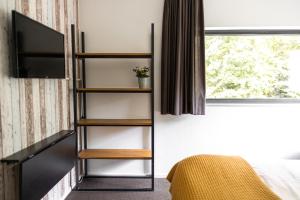 ein Zimmer mit Fernseher und Bücherregal in der Unterkunft Avellano in Helmond