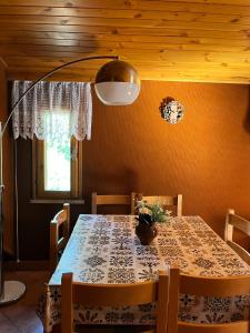 uma sala de jantar com uma mesa com cadeiras e um candeeiro em Casa Peppone em Pescasseroli