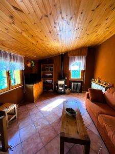 un soggiorno con divano e soffitto in legno di Casa Peppone a Pescasseroli