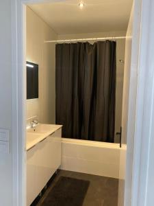 La salle de bains est pourvue d'un rideau de douche noir et d'un lavabo. dans l'établissement T3 lumineux en plein coeur de Moulins, à Lille