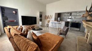 Saint-Geniès-des-Mourgues的住宿－Château Sainte Colombe，客厅配有棕色沙发和电视