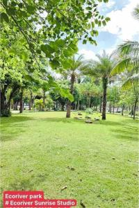 a park with palm trees and benches in the grass at Ecoriver Sunrise Studio in Bảo Thap