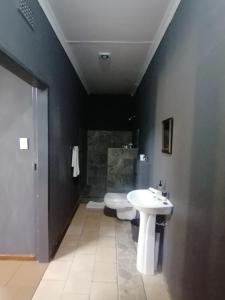 uma casa de banho com um lavatório branco e um WC. em Oteng Guest House em Belfast