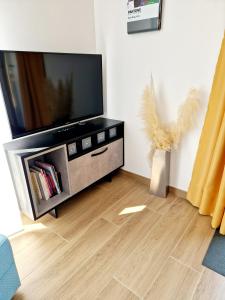 sala de estar con TV y suelo de madera en Le Gîte City Haut de gamme, Jardin, Piscine, en Gabriac