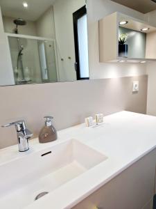 y baño con lavabo blanco y espejo. en Le Gîte City Haut de gamme, Jardin, Piscine, en Gabriac