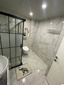 ein Bad mit einer Dusche, einem WC und einem Waschbecken in der Unterkunft Two bedroom Apartment in Center Antalya near Shopping Center MarkAntalya in Antalya