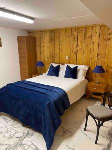 1 dormitorio con 1 cama grande con manta azul en Bijou Apartment in Spanish Point, en Spanish Point
