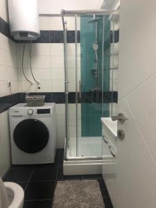 ein Bad mit einer Dusche und einer Waschmaschine in der Unterkunft Cozy apartment in Skopje at perfect location in Skopje