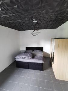 una camera da letto con un letto e un soffitto di Ferienwohnung mit Garten und terasse Münsingen a Münsingen