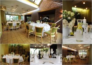 a collage of photos of a restaurant with tables and flowers at Hotel Senas Namas in Alytus