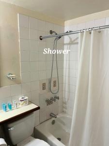 a bathroom with a shower and a toilet and a tub at Oceanfront Condo w/ FREE Parking + High Speed Wifi in Negril