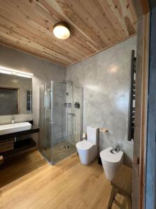 a bathroom with a shower and a toilet and a sink at Casa do Alecrim in São Roque do Pico