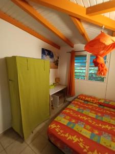 1 dormitorio con puertas verdes, 1 cama y escritorio en Passion Caraïbes, en Saint-Claude