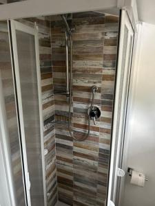 a shower in a bathroom with wooden tiles at La Collinetta in Montazzoli
