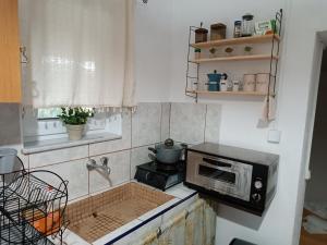 a small kitchen with a microwave and a stove at Olive metohi return to nature in Azokéramos
