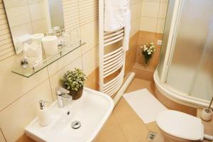 a bathroom with a sink and a shower and a toilet at Gyula Wellness Panzió in Gyula