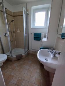 a bathroom with a shower and a sink and a toilet at Apartment Wittorf in Neumünster +16 photos