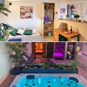 Duas fotografias de uma sala de estar com uma banheira de hidromassagem em Love room - Spa balnéo - Hammam sauna -Emmy Élégance em Six-Fours-les-Plages