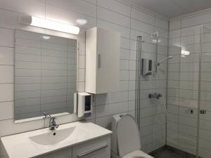 y baño con aseo, lavabo y ducha. en Winjum Apartments Aurland Stegastein, en Aurland