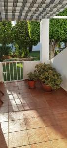 een patio met 2 potplanten en een hek bij Duplex en urbanización con piscina comunitaria y wifi in Mojácar