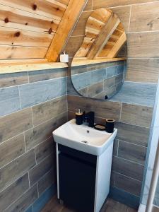 a bathroom with a sink and a mirror at Nomad Lodge Zminica in Žabljak