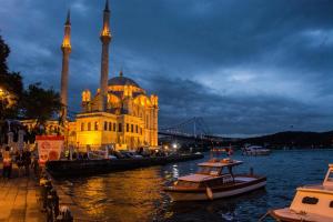 a building with a mosque on the water at night at Luxury and comfortable flat in Ortakoy in Istanbul