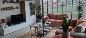 a living room with a couch and a tv at BnB Waterzicht in Wijnegem