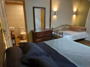 a bedroom with two beds and a dresser and a mirror at Vale das Águas in Cambará