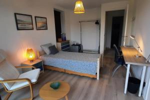 a bedroom with a bed and a desk and a table at BnB Waterzicht in Wijnegem