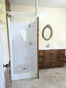 a bathroom with a shower and a sink at Pilgrim Heights Camp & Retreat Center in Toledo