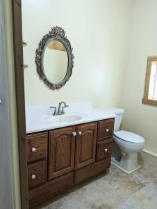 a bathroom with a sink and a toilet and a mirror at Pilgrim Heights Camp & Retreat Center in Toledo