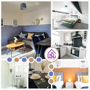 een collage van foto's van een woonkamer en een keuken bij Havelock Apartments, City Centre Location in Swindon