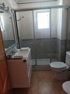 a bathroom with a shower and a sink and a toilet at Can Ramón in Sant Josep de sa Talaia