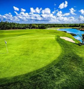 an overhead view of a green golf course with a lake at Hard Rock at Cana Rock 2 by Unwind Properties in Punta Cana