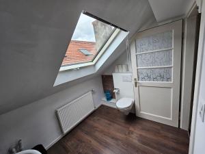 a bathroom with a toilet and a skylight at VlbgApart Lauterach Bu76 in Lauterach